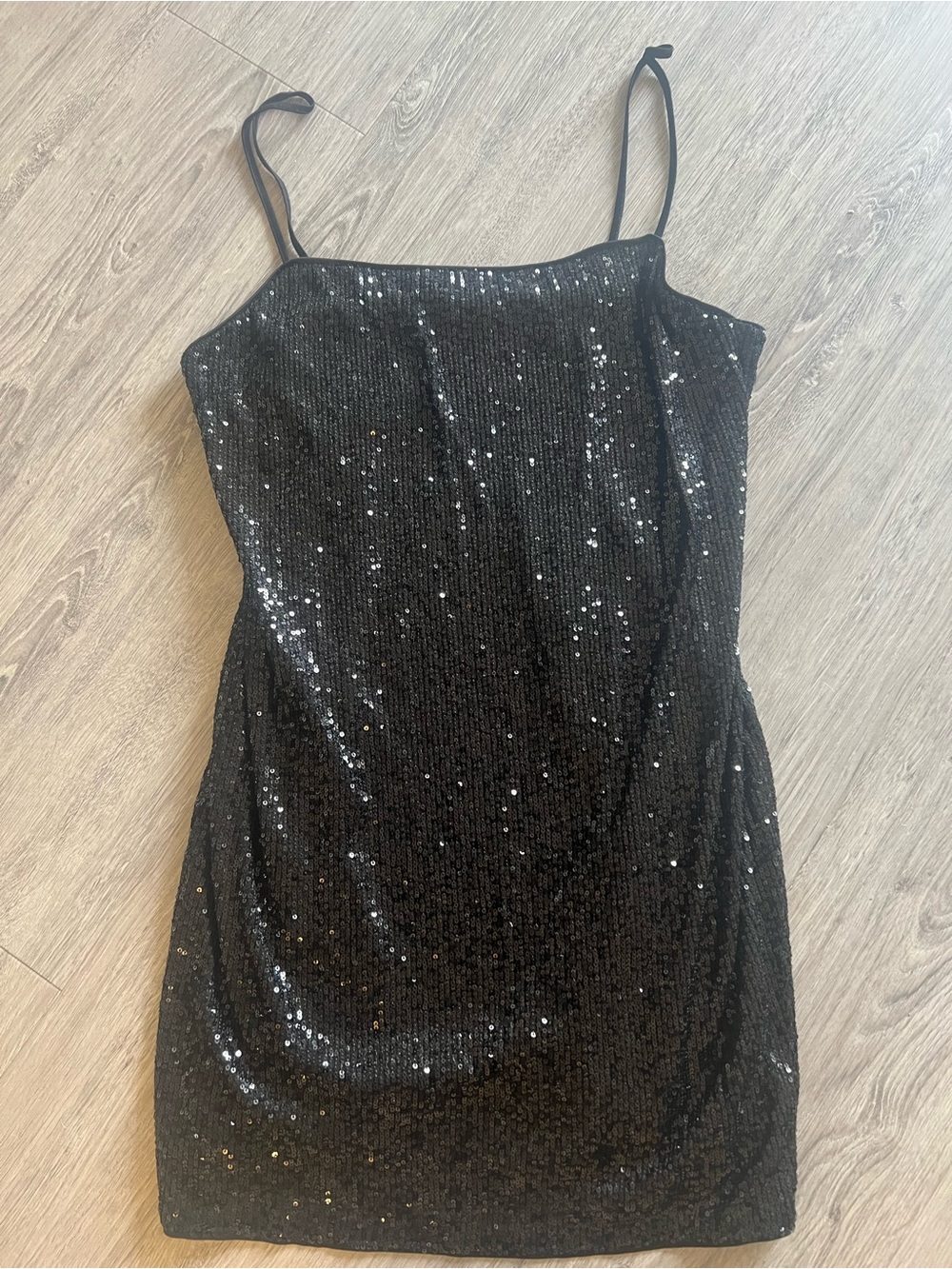 H&M Divided Black Sequin Mini Dress Spaghetti Strap Cocktail Party Size L
